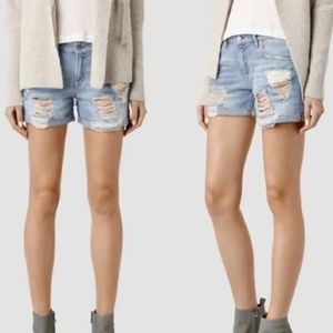All Saints Distressed Denim Rip Shorts in Indigo Size 25